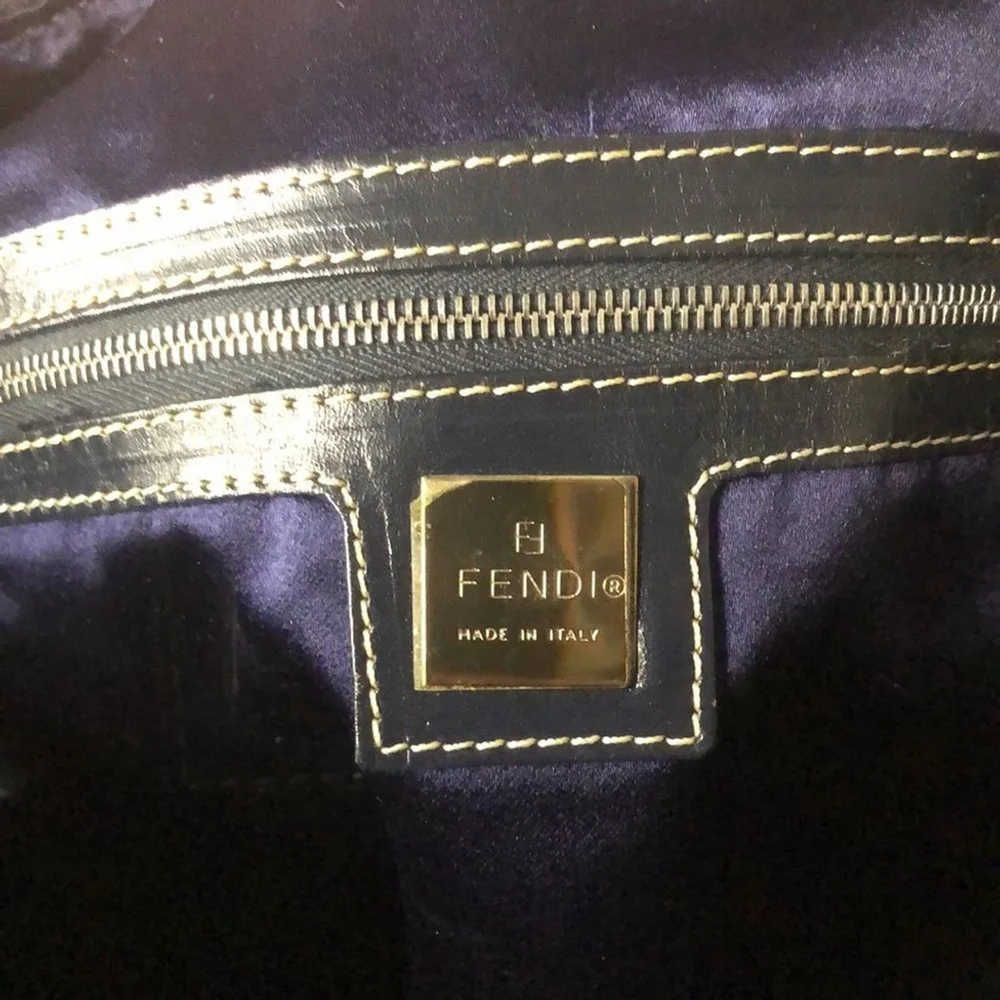 FENDI Zucca Navy Blue Leather and Tan Canvas Boston Duffle Bag Speedy 30